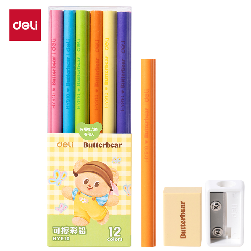 大众娱乐HY910-12色黄油小熊无木可擦彩铅(混)(盒)