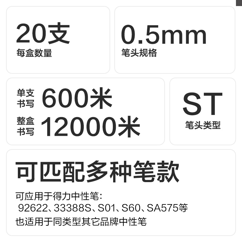 大众娱乐SE245秒干按动笔芯0.5mmST头(黑)(20支/盒)