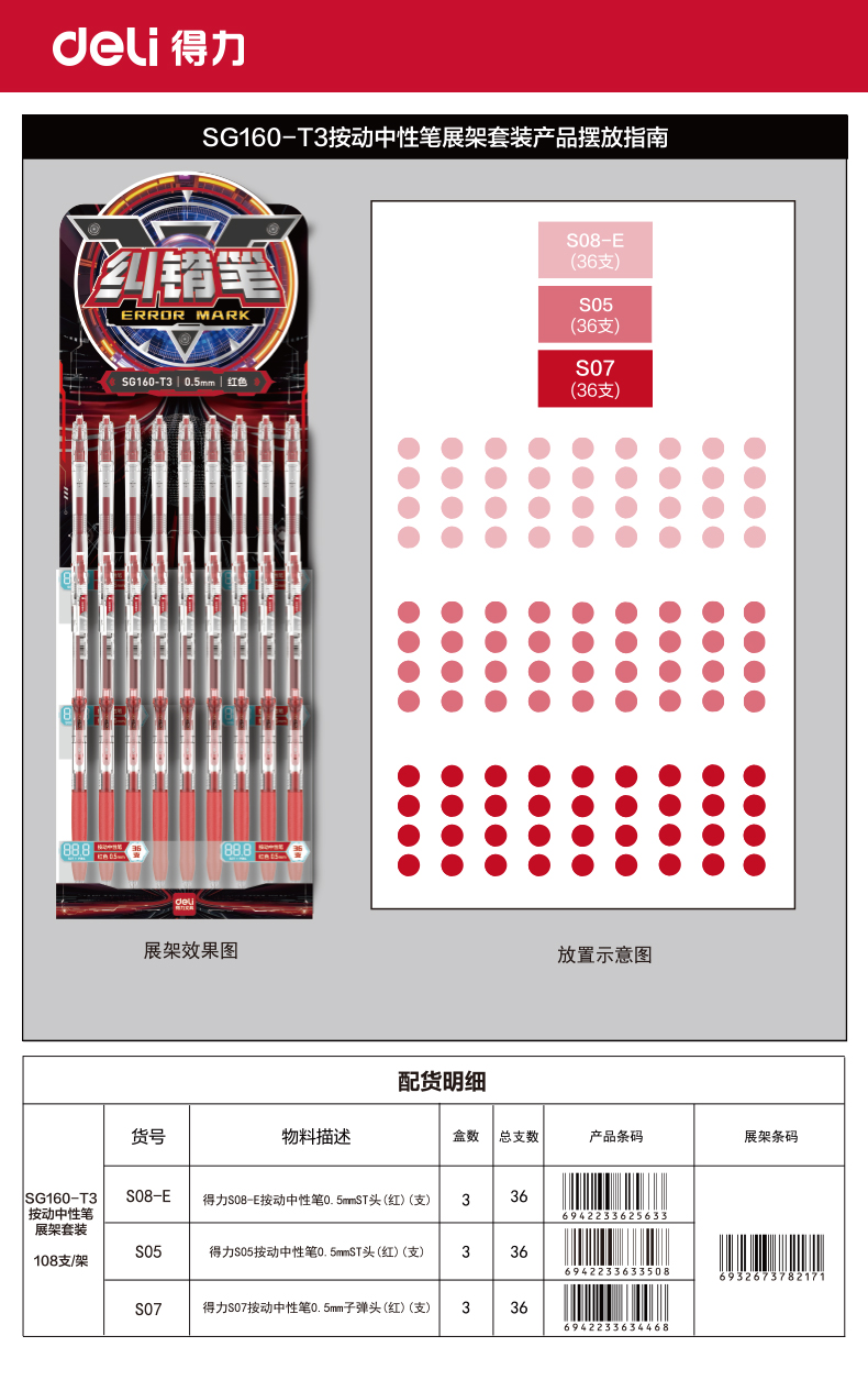 大众娱乐SG160-T3纠错按动中性笔展架套装(红)(108支/架)
